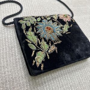 Vintage chic small black velvet crossbody bag Floral beaded and embroidered